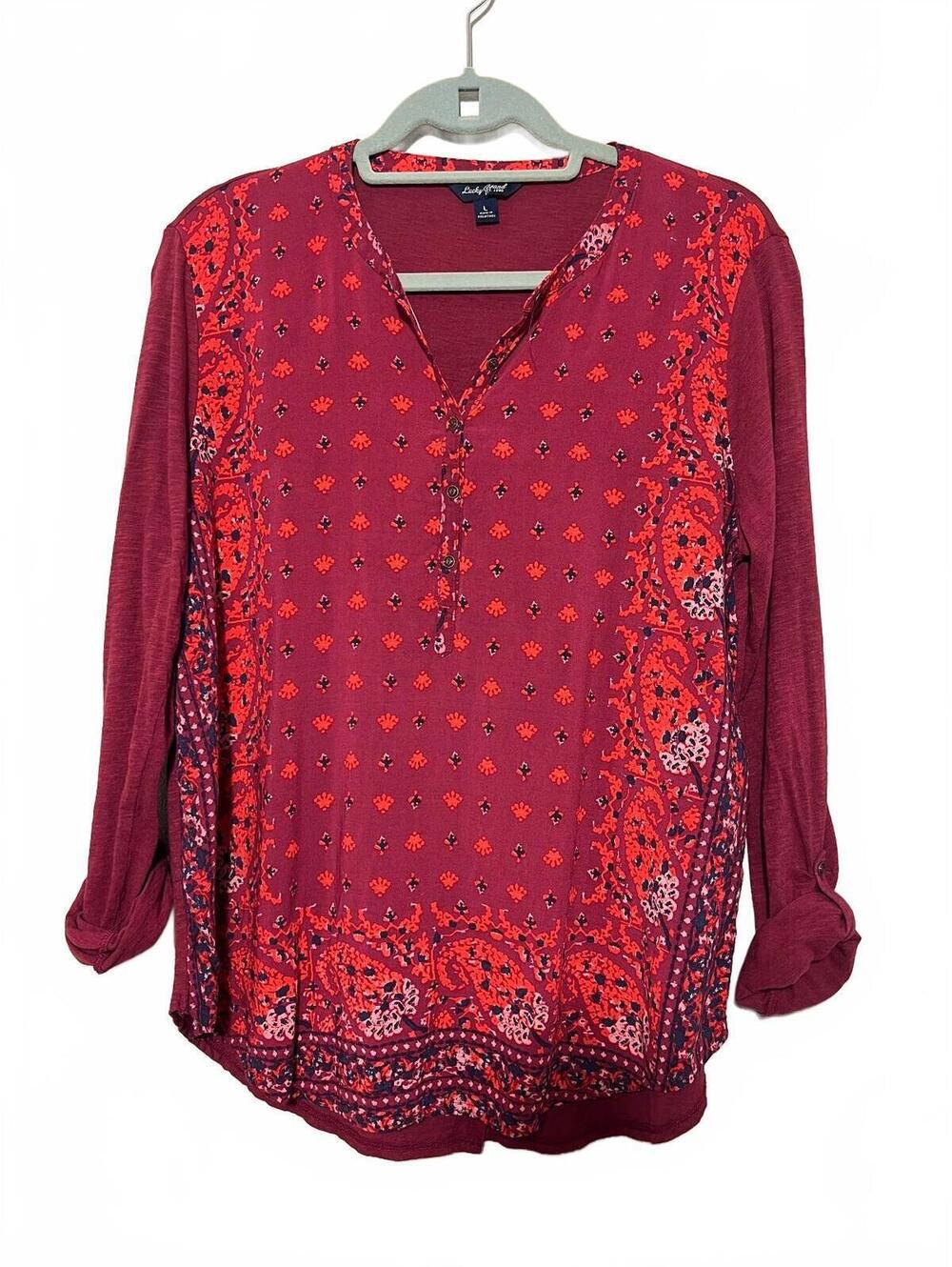Lucky Brand Women's Long Sleeve Button-Up Blouse Size L Red Patterned